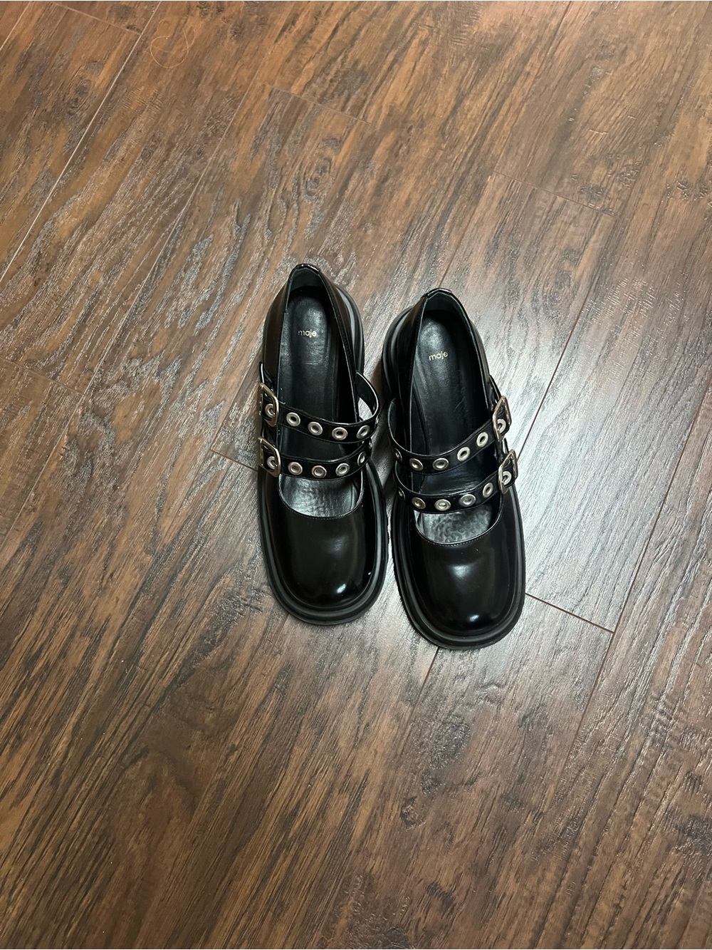 Maje Black Patent Platform Mary Janes with Grommet Straps